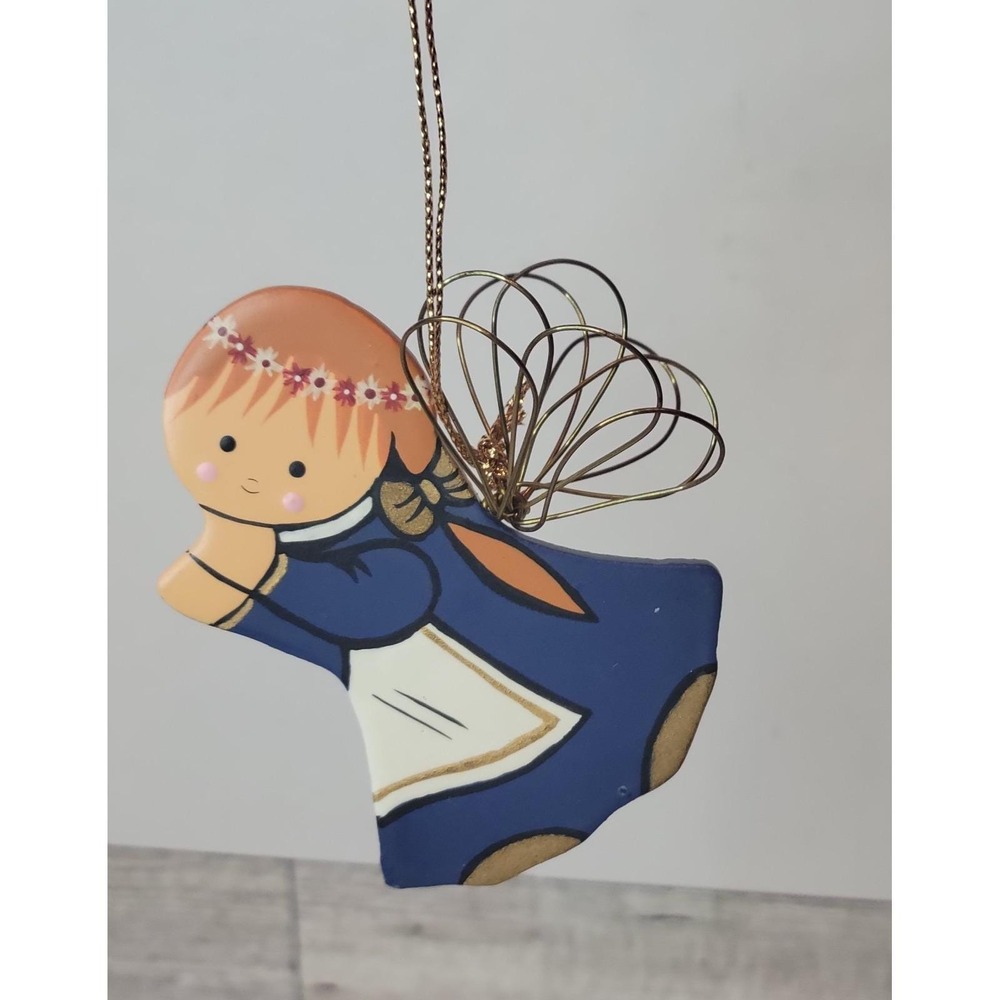 Vintage Christmas Ornament Angel With Metal Wings Handpainted